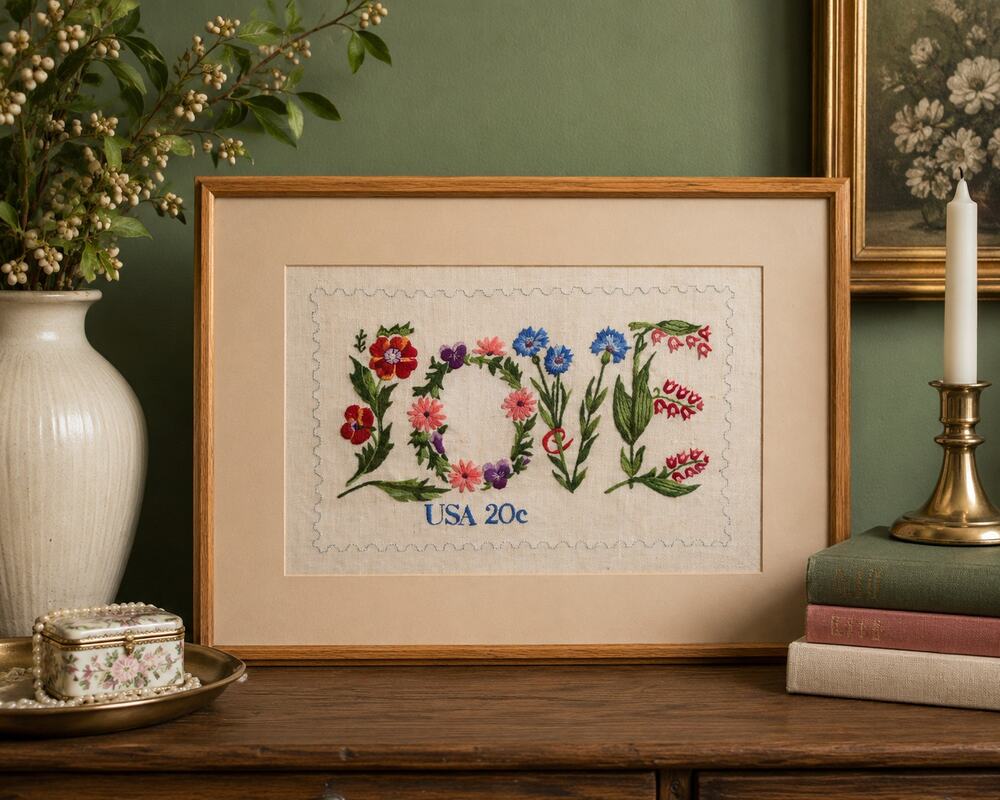 Vintage Framed Hand Embroidered LOVE Sampler Floral Needlework Wall Art